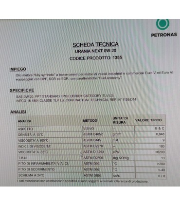OLIO MOTORE PETRONAS URANIA NEXT 0W-20 -PER S-WAY EURO 6 - 20 LITRI