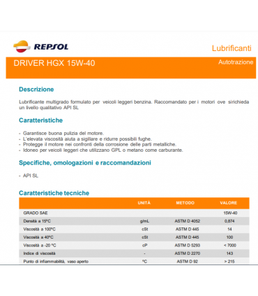 OLIO LUBRIFICANTE REPSOL SPEED 15W40 TANICA DA 1 LITRO