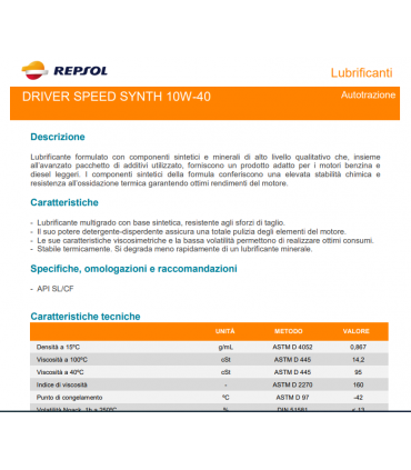 Repsol DRIVER SPEED SYNTH 10W40 1lt olio lubrificante motore auto semi sintetico benzina e diesel